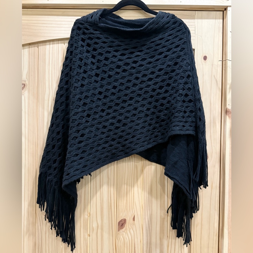 Black Open-Knit Fringe Women's Sweater Poncho